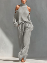 Women's Beige Knit Fabric Cold-Shoulder Turtleneck Top & Wide-Leg Pants Set MDZ0984A5T