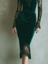 Elegant Green Velvet Long Sleeve Lace Midi Dress