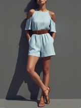 Women's Blue & White Striped Romper With Halter Neck & Side Pockets, Modern Casual-Elegant Style Jumpsuit (without Belt) MDZ1135B0I