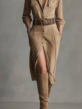 Women's Brown Fashion Suede Midi Dress