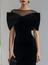 Dramatic Black Velvet Bow Midi Dress