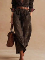 Retro dark brown suede patchwork plaid collared dress（Includes belt）