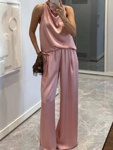 Elegant Halter Neck Swing Collar Top And Wide Leg Pants Suit-Pants