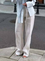 Minimalist Stand-up Collar Ribbon Back Lace-up Shirt and Wide Leg Pants Set-Pants