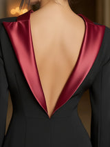 Black Blazer Dress With Deep Burgundy Satin Trim & Open Back Detail