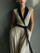 Women's Beige Sleeveless Blazer Jumpsuit With Contrast Black Lapel & Self-Tie Belt MDZ1047B3T