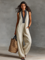 Women's Minimalist Linen Blend Sleeveless Jumpsuit With Zipper And Stand Collar, Featuring Embroidery MDZ0627B3Y