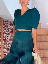 Elegant Puff Sleeve Cropped V-Neck Top