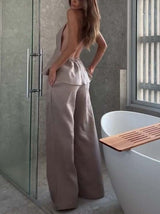 Elegant Halter Neck Lace-up Top And Wide Leg Pants Suit-Pants