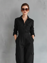 Women's Elegant Black Cotton-linen Blend Long-sleeved Shirt Collar Jumpsuit MDZ1016B0AN