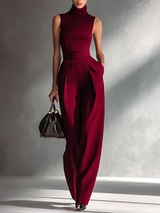 Women's Sleek Cotton-Linen Blend Burgundy Sleeveless Turtleneck Wide-Leg Jumpsuit MDA2292L5AU