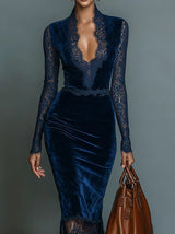 Dark Blue Velvet Slim Fit V-Neck Midi Dress