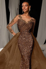 Evening Gown Dark Brown Sequined Lace Tulle Overskirt Mermaid Maxi Dress