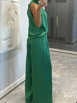 Elegant Halter Neck Swing Collar Top And Wide Leg Pants Suit-Pants