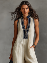 Women's Minimalist Linen Blend Sleeveless Jumpsuit With Zipper And Stand Collar, Featuring Embroidery MDZ0627B3Y