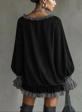 Black Faux Suede Striped Ruffled Loose Mini Dress