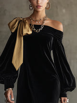 Black Velvet And Gold Satin Patchwork Off The Shoulder Mini Dress