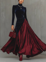 Blue Velvet And Burgundy Satin Color Block Long Dress
