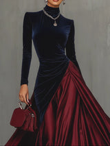 Blue Velvet And Burgundy Satin Color Block Long Dress