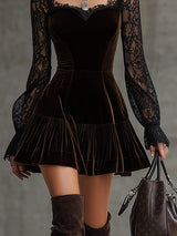 Velvet-trimmed lace-sleeved cutout fitted mini dress