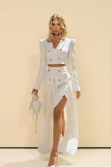 Short Blazer Top And Pleated Skirt Set