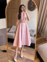 V-Neck High-waisted A- Line Midi Dress