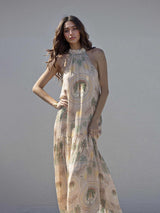 Exquisite Satin Holder Neck Palm Print Maxi Dress