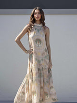 Exquisite Satin Holder Neck Palm Print Maxi Dress
