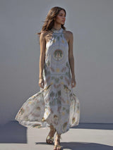 Exquisite Satin Holder Neck Palm Print Maxi Dress