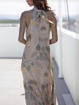 Exquisite Satin Holder Neck Palm Print Maxi Dress