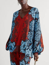 Unique Color-Block Print V-Neck Satin Loose Shirt