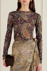 Unique Ruffled Leopard Print Paisley Satin Wrap Midi Skirt