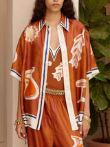 Unique Satin Art Pattern Printed Stand Collar Loose Button Shirt