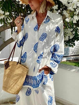 Unique Ethnic Pattern Print Oversized Button-Up Shirt