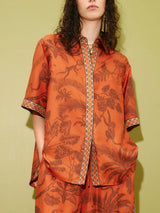 Unique Animal Print Satin Back-Slit Tie-Waist Loose Shirt