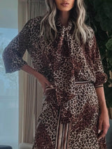 Retro Classic Leopard Print Patchwork Elastic Waist Midi Skirt