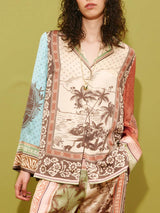 Unique Satin Floral Print Button-Up Shirt with Elastic Waist Pockets And Wide-Leg Pants Set