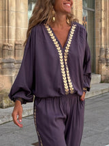 Modern Feel Unique Gold Trim And Elastic Cuffs V-Neck Top