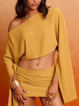 Flowy Asymmetrical Off-Shoulder Flared Sleeve Crop Top
