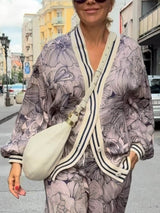 Unique Floral Print Ribbon Splice Pockets Elastic Waist Wide-Leg Pants