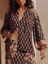 Boho Printed Draped Loose Shirt And High-Waist Maxi Skirt Set