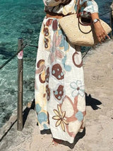 Fashionable Printed Off-Shoulder Lantern Sleeve Ruched Crop Top