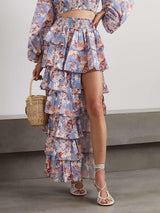 Unique Layered Floral Print Ruched Split Maxi Skirt