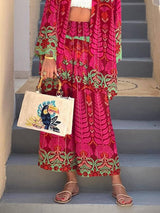 Unique Ethnic Floral Print With Elastic Waist Wide-Leg Pants