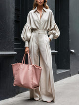 Fashionable Casual Solid Color Lantern Sleeve Loose Button-Down Oversized Shirt