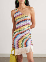 Delicate One-Shoulder Fringed Printed Tulle Mini Dress