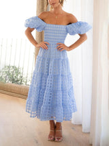 Fashionable One-Shoulder Chiffon Puff Sleeve Swing Midi Dress