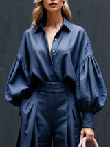 Fashionable Casual Solid Color Lantern Sleeve Loose Button-Down Oversized Shirt