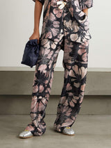 Unique Floral Print Satin High Waist Elastic Waist Tie Pocket Straight Pants