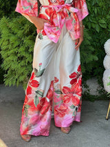 Delicate Floral Print High-Waist Pocket Satin Wide-Leg Pants